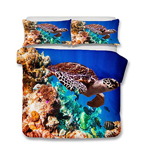 Hiser Bettwäsche Set 3D - Meer Schildkröte Drucken Bettwäsche Set 3 Teilig- Mikrofaser Bettbezug und Kissenbezug - Bedrucktes Erwachsene Kinder Bettwäsche-Set (Ozean Koralle,135x200cm)