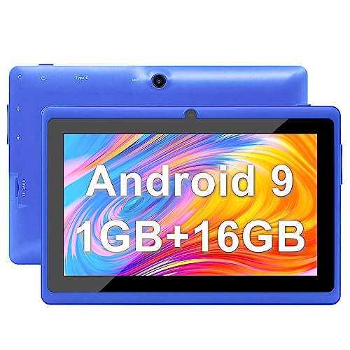 Haehne 7 Zoll Tablet PC, Google Android 9.0 GMS Zertifiziertes, Quad Core 1GB RAM 16GB ROM, Zwei Kameras, 1024 x 600 HD Bildschirm, Bluetooth, WiFi, Blau