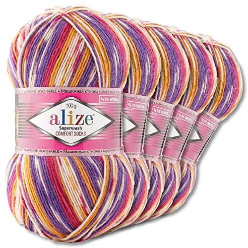 Wohnkult Alize 5x100g Superwash Comfort Sockenwolle 33 Farben zur Auswahl EIN-/Mehrfarbig (7655)