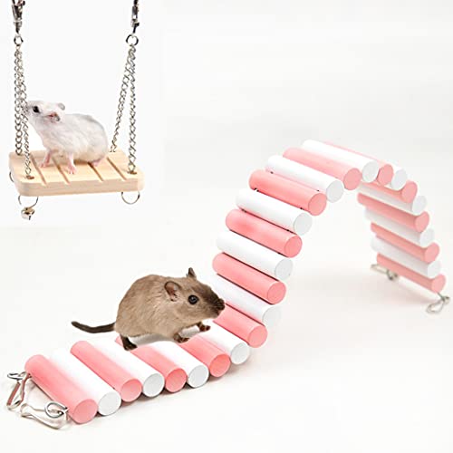 PAPIEEED Kleines Haustier-Spielzeug-Set, Holz-Hamster-Brücke, Spielzeug mit hängendem Schaukel, Klettern und Ratten-Kauspielzeug