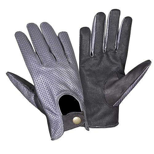 NORMAN Herren Leder Vintage Retro Stil Chauffeur Fahrhandschuhe Schafe Leder Handschuhe, Grau gepunktet, XXL