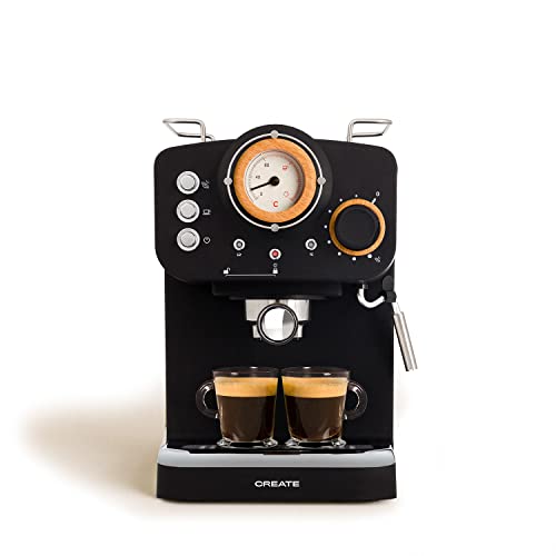 CREATE / THERA MATT RETRO/Espressomaschine Schwarz Matt und Holz/Halbautomatisch, mit einer 15 bar Druckpumpe und 1100W Leistung, 1,25L Wasserbehälter, für gemahlenen Kaffee, ESE- Pads
