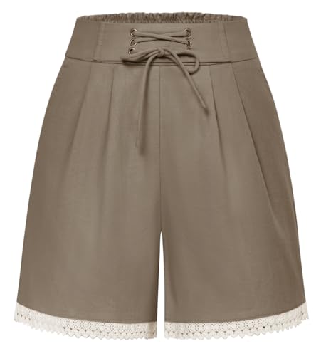 Damen Shorts Sommer High Waist Bermuda Shorts Baumwolle Vintage Weite Kurze Hose Khakibraun XL