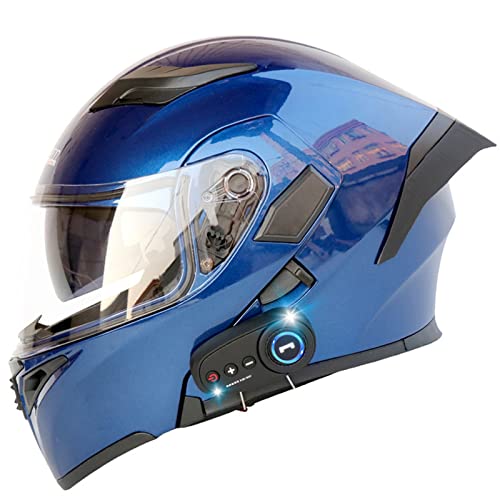 Motorrad-Bluetooth-Helm Klappbarer modularer Bluetooth-Motorradhelm Dual Visor Street Bike Helme für Männer und Frauen mit Heckflügel DOT/ECE-geprüft,Blau,M