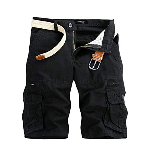 KEERADS Herren Shorts Sommer Cargo Chino Bermuda Vintage Kurz Hose mit Taschen (Kein Gürtel)(34,Schwarz)