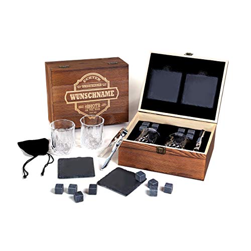 FORYOU24 Genießer Whisky Geschenk Box aus Holz mit Gravur des Namens I 2 Whiskeygläser I 2 Schiefer-Untersetzer I 8 Kühlsteine + Zange I Geschenkidee