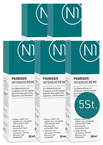 N1 Psoriasis Intensivcreme 5x50 ml - [Medizinprodukt] - Ekzem & Neurodermitis Creme - beruhigt, pflegt, lindert und glättet rote, schuppige, entzündete & trockene Haut - OHNE KORTISON