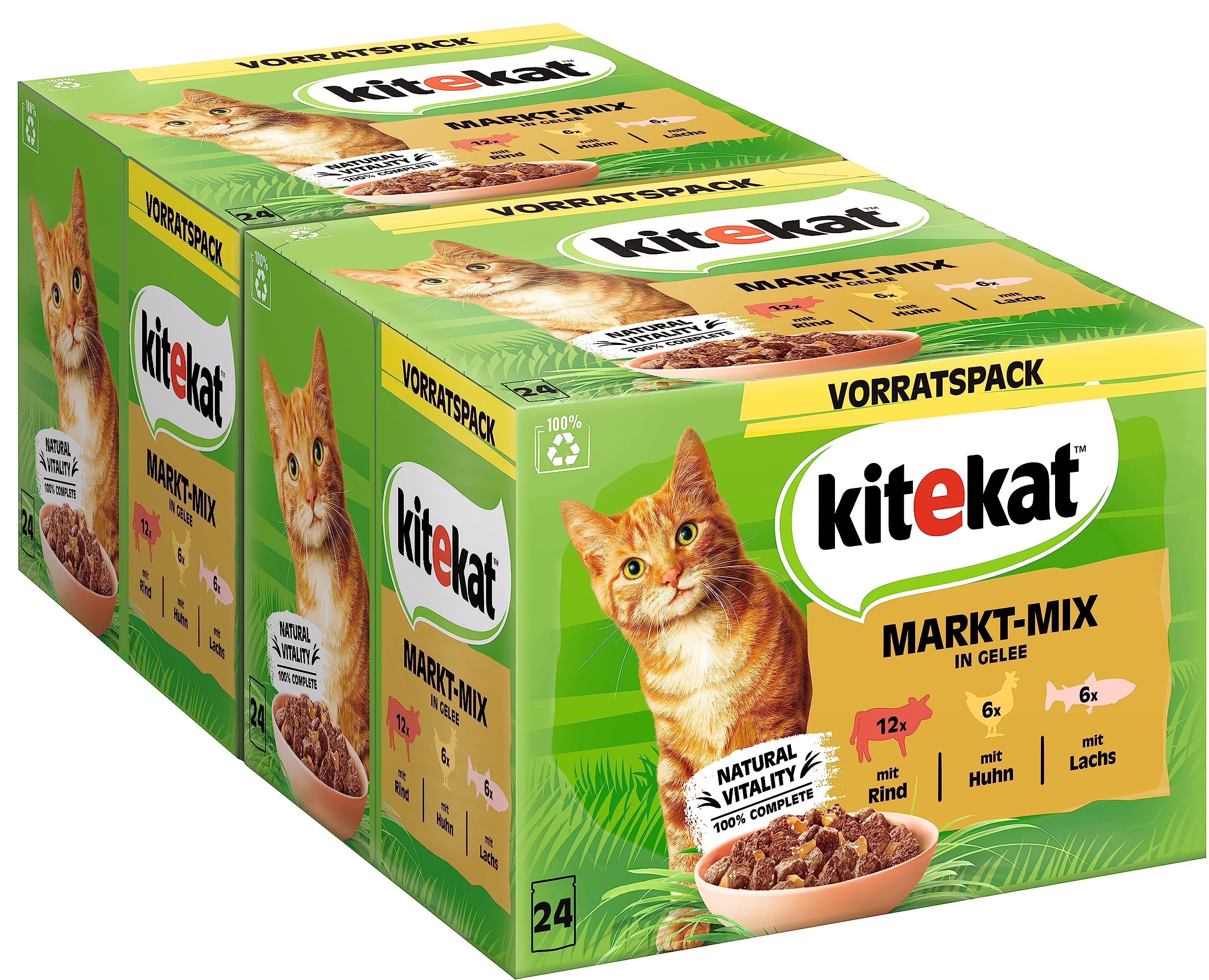 Kitekat Katzenfutter Nassfutter Markt-Mix in Gelee – Feuchtfutter in 48 Portionsbeuteln – 2er Pack (2 x 24 Portionsbeutel à 85g)