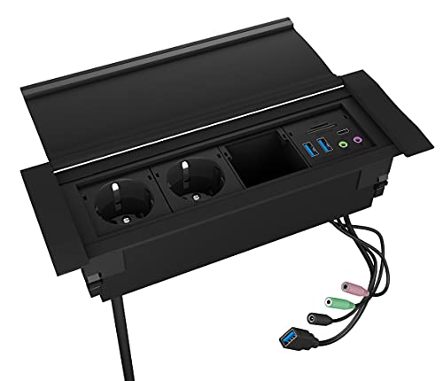 ICY BOX Klemm Tischsteckdose mit USB Hub, Kartenleser und Audio, Mehrfachsteckdose, USB 3.0, Aluminium, Schwarz