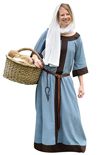 Mittelalter Kleid Gudrun lang für Damen aus Baumwolle blau-grau/braun L - Mittelalter Kleidung Wikinger LARP Mittelalterkleid blau braun (L, blaugrau/braun)