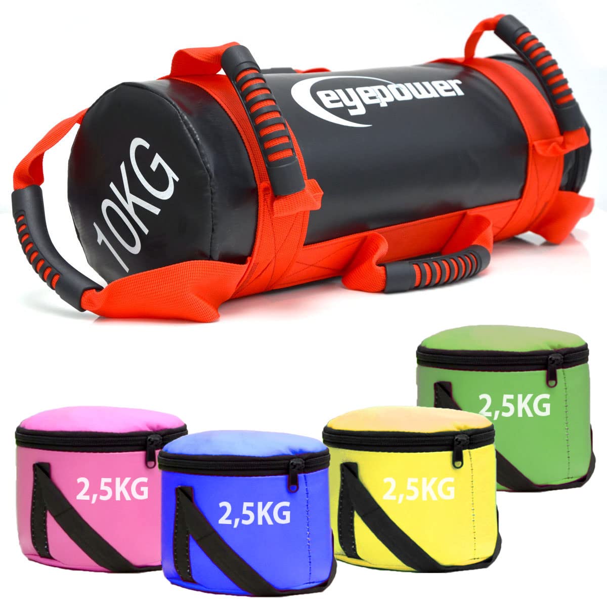 EYEPOWER 10kg Power Bag + 4 Kettlebell Gewichte - Befüllt mit Eisensand - Besser als Geräte: 6 Griffe Fitness Sandbag für Zuhause - 17x45cm Gewichtssack für Home Training - Bauch- und Rückentrainer