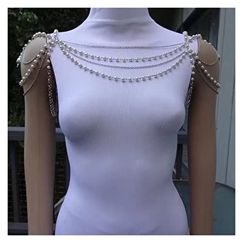 Braut-Perlen-Schulterkette, Schmuck-Halskette, handbesetzte Kette, mehrlagiger Schal, Damen-Körperkette, Schmuck (D 50 cm)