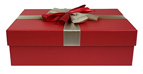 Emartbuy Starrer Luxus Rechteckige Präsentations-Geschenkbox, 38 cm x 27 cm x 10 cm, Himbeer Rot Box mit Deckel, Gedrucktes Interieur und Gold Rotes Satin-Dekoratives Band