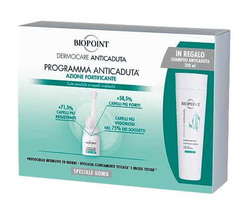 Biopoint Dermocare Anti-Haarausfall-Behandlungsset für Herren, enthält 20 Ampullen mit verdichtender Wirkung + Shampoo gegen Haarausfall 200 ml, stärkt das Haar und verhindert Haarausfall