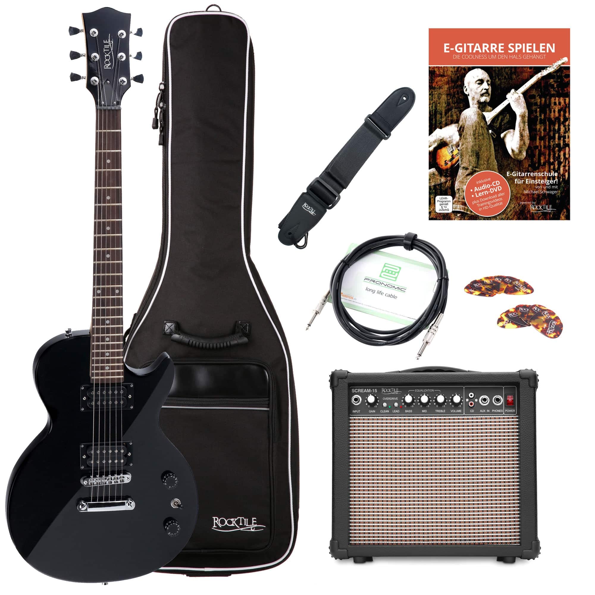 Rocktile L-100 BL E-Gitarre schwarz Starter Set - Single Cut-Modell - Korpus: Linde - 2x Humbucker Tonabnehmer - inklusive Verstärker, Gigbag, Kabel, Picks, Gurt und Schule - Schwarz
