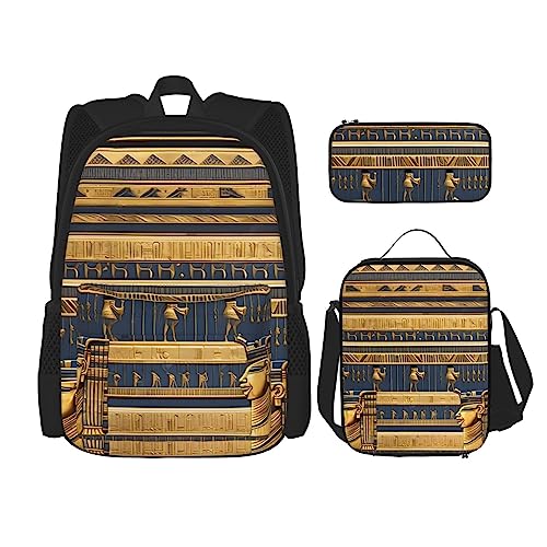 AvImYa Rucksack + Federmäppchen + Lunch-Tasche + Lunch-Tasche Kombination Schultaschen Büchertasche Mädchen Jungen Kinder Studenten leicht langlebig ägyptische pharaonische Fresken, Schwarz ,