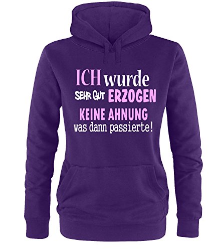 Luckja Ich wurde sehr gut erzogen Keine Ahnung was dann passierte Damen Hoodie Violett-Weiss/Rosa Grösse XL