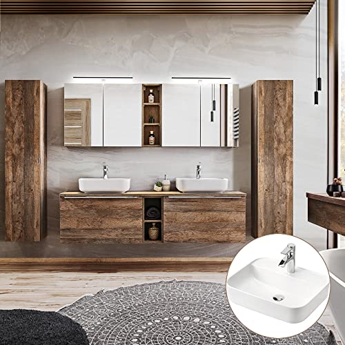 Badezimmerrmöbel Set Vintage Oak Eiche, 180cm Doppel Waschtischunterschrank, 2 Keramik Waschbecken, Regale, 2 LED-Spiegelschränke, 2 Hochschränke