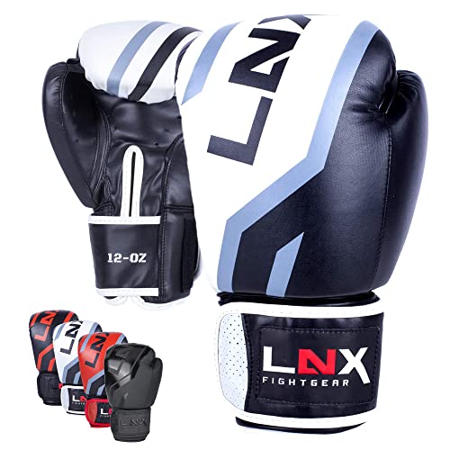 LNX Boxhandschuhe Level 5" - 8 10 12 14 16 Oz - perfekt für Kickboxen Boxen Muay Thai K1 MMA Kampfsport UVM Black/White (003) 12 Oz