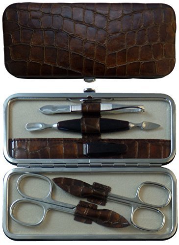 Tenartis 328 5 teiliges Maniküre Etui aus echtem Leder - Glänzendes Braun Croco