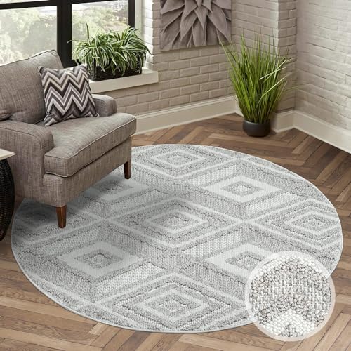 carpet city Teppich Kurzflor Wohnzimmer - Grau, Beige - 120x120 cm Rund - Teppiche Boho-Style - Rauten-Muster - Schlafzimmer, Esszimmer