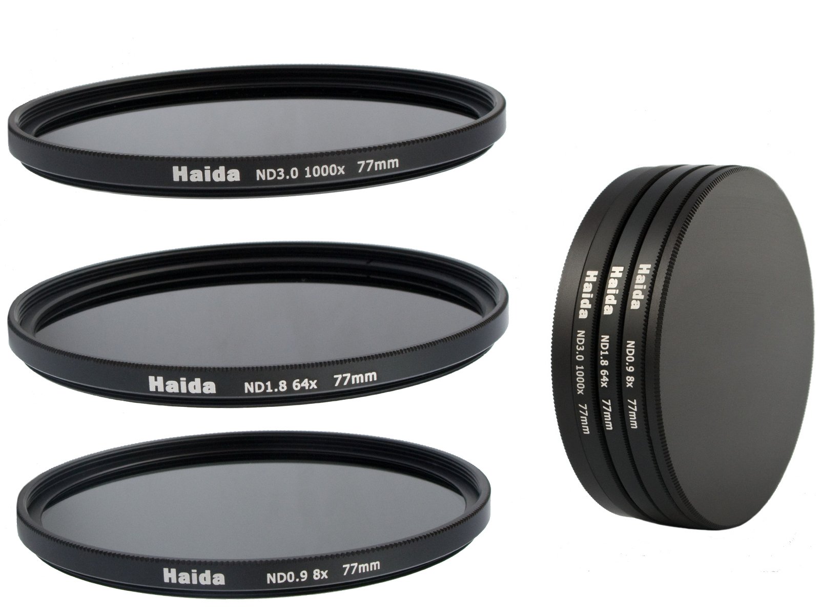 HAIDA Neutral Graufilter Set bestehend aus ND8, ND64, ND1000 Filtern 77mm inkl. Stack Cap Filtercontainer + Pro Lens Cap mit Innengriff