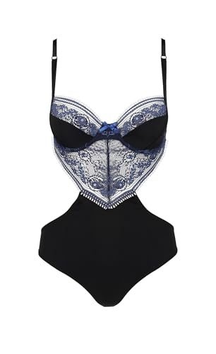 Selente Luxury Love verführerisches 2-teiliges Damen Dessous-Set aus Body & exklusiver Satin-Augenbinde, Made in EU, schwarz-blau, Gr. S/M