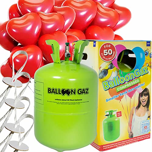Helium Ballongas + Herzballons + Öko-Ballonbänder | 50er Heliumflasche + Knickventil + 25 Herz Luftballons + 50 Bänder | Herzen Geburtstag Party Hochzeit, Edition: Set mit 25 roten Herzballons
