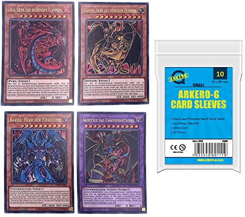 Yu-Gi-Oh! Sacred Beasts Götterkarten-Set - Uria, Hamon, Raviel + Armityle das Chaosphantasma + Arkero-G 10 Small Soft Sleeves Karten-Hüllen