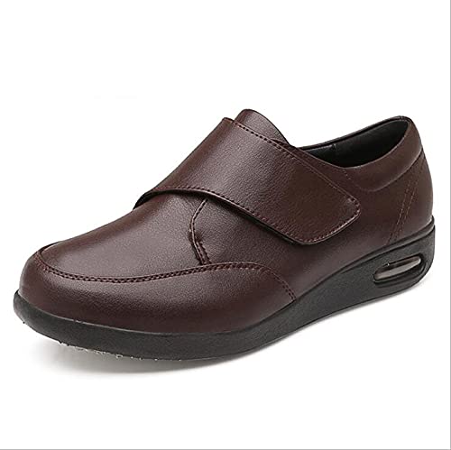 ZKK Gesundheits-Schuh elastisch bequem,Freie Lederschuhe mit Klettverschluss, rutschfeste und Dicke ältere Schuhe,Einstellbare Bequeme Diabetes Schuh,Brown-42