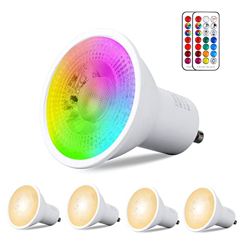 REYLAX GU10 RGB LED Farbwechsel Lampen, 5W Warmweiß 3000K Dimmbar Glühbirne 50W Halogenlampen Gleichwertige, RGB LED Strahler Bunt, LED Spot Leuchtmittel mit Fernbedienung (4 Stück)