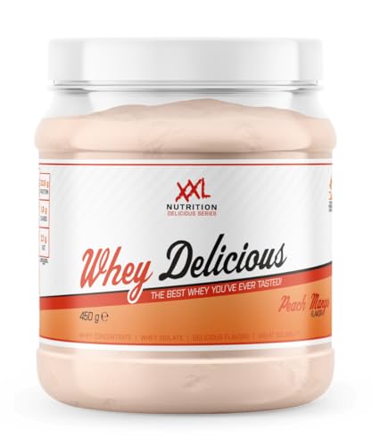 XXL Nutrition - Whey Delicious Protein Pulver - Leckerste Shake - Eiweiss Pulver, Whey Protein Isolat & Konzentrat - Hohe Qualität - 78,5% Proteingehalt - Pfirsich Mango - 450 Gramm