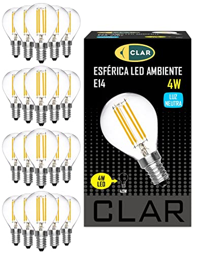CLAR - LED Lampe E14 4W Filament, Leuchtmittel E14, Vintage, LED Glühbirne E14, LED Birne Classic 45-55 W, Neutralweiß 4000ºK (Pack 20)
