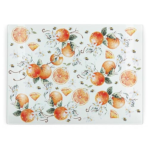 Tangerines Glas-Schneidebrett – Zitrusfrüchte und Bienen, rechteckig, großer Arbeitsplattenschutz – glattes Brett, Küchen-Schneidebrett, Arbeitsflächenschutz mit rutschfesten Füßen, 39 cm x 28,5 cm