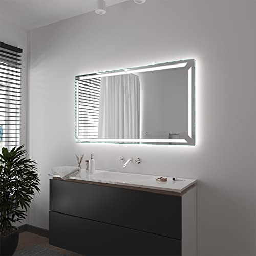 SARAR | LED Badspiegel Pesaro, Eckiger Wandspiegel mit rundum LED-Beleuchtung, Leuchtspiegel für Badezimmer | 140x70 cm