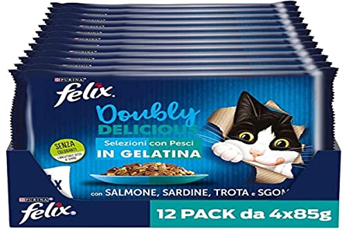 Purina Felix Le Ghiottonerie Doubly Delicious Feuchtmittel für Katzen mit Lachs und Sardinen, Tee und Makrelen, 48 Beutel à 85 g