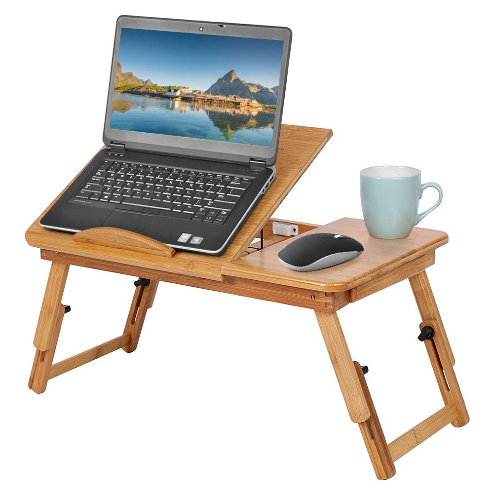 Ejoyous Laptoptisch, Bambus Höhenverstellbar Faltbar Laptopständer Notebooktisch Betttisch Pflegetisch Klapptisch mit Schublade und Lüftungsschlitze Frühstückstablett fürs Bett
