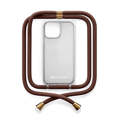 NECKLACY® - The Phone Necklace - Handykette für Apple iPhone 14 Pro Max in Noisette Brown | transparente Handyhülle mit hochwertiger Kordel zum Umhängen - Smartphone Crossbody Case