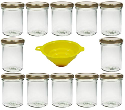 Viva Haushaltswaren - 12 x Marmeladenglas 219 ml mit goldfarbenem Verschluss, runde Sturzgläser als Einmachgläser, Gewürzgläser, Glasdosen etc. verwendbar (inkl. Trichter)