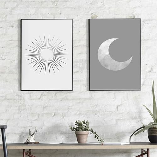 CULASIGN 2er Set Sonne Mond Poster, Abstrakt Schwarz und Grau Modern Nordic Wandbild Design-Poster, Wandbilder Wandkunst Malerei Bild,Ohne Rahmen (50x70cm)