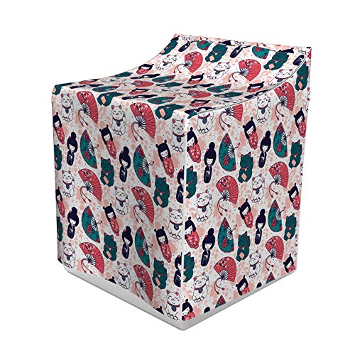 ABAKUHAUS japanische Katze Waschmaschienen und Trockner, Artikel Maneki Neko Geisha Fan Gekritzelmuster, Bezug Dekorativ aus Stoff, 70x75x100 cm, Blush Multicolor