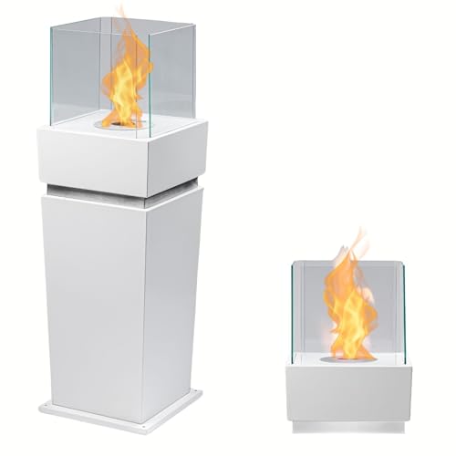 Clic-and-get KCAS03 California 2 IN 1 Gelkamin Bio Ethanol Wandkamin Tischkamin, Standkamin Luxuskamin Ofen Cottage Pillar Feuerstelle Feuersäule Feuerkorb Rauch- & geruchsloser klassisches Kamingehäuse, 3 x 400ml Brenner Weiß, klar