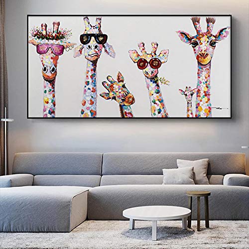 Pop Leinwand Graffiti Kunst Tier Leinwand Malerei Neugierige Giraffen Familie Poster Drucke Wandkunst Bild Wohnzimmer Wohnkultur 50x100cm / 19,7"x39,4 Rahmenlos