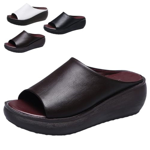 heofonm Orthopedic Sandals 2024 Summer Comfortable Orthotic Leather Wedges Slides Dressy Platform Heel Arch Support Slip Sandals (Brown,8)