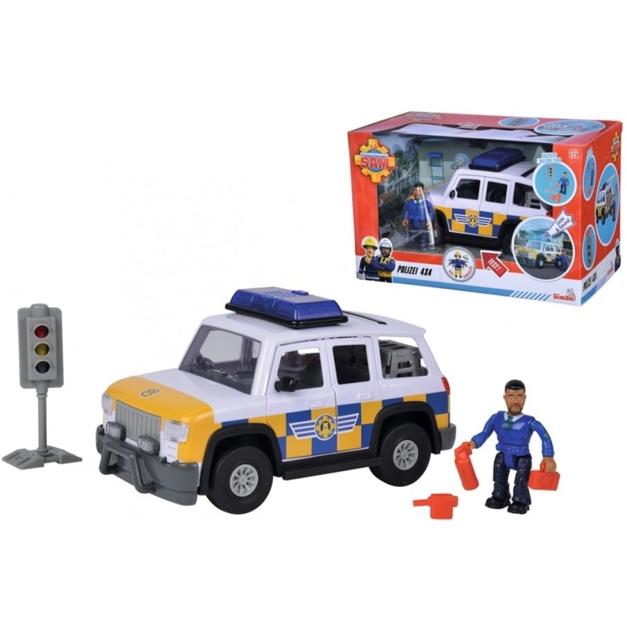 Feuerwehrmann Sam Polizeiauto 4x4 mit Malcom Figur / Mit Originalsound / Türen und Kofferraum zum Öffnen / 19cm / Für Kinder ab 3 Jahren