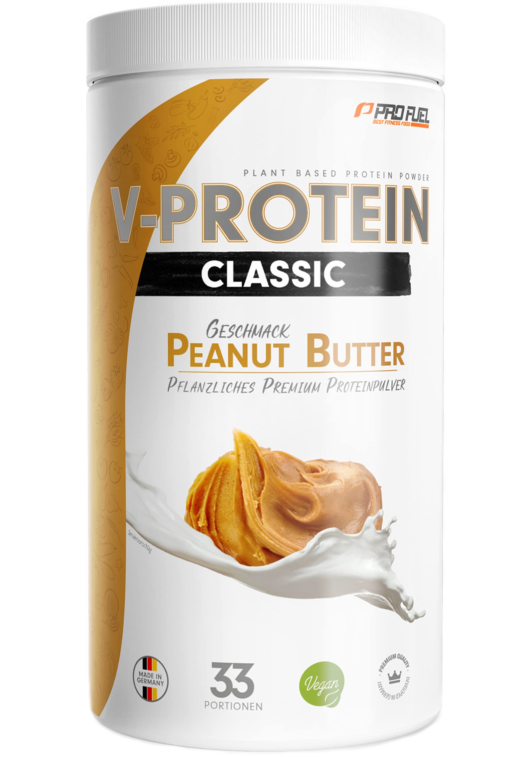 Vegan Protein Pulver ERDNUSSBUTTER 1kg - V-PROTEIN - Pflanzliches Eiweißpulver auf Erbsenprotein-Basis mit 75,9% Eiweiß-Gehalt - optimale Protein-Wertigkeit - veganer Protein-Shake ohne Soja & Weizen