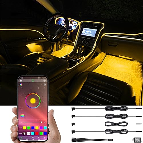 TABEN Auto-Umgebungsbeleuchtungs-Kit, 4 in 1 mit 4m Fiber Optic Multicoloured Car Atmosphere Lighting Kit, Musik-Rhythmus-Sound-Aktiver Speicherfunktion und Bluetooth-APP-Steuerung DC 12V