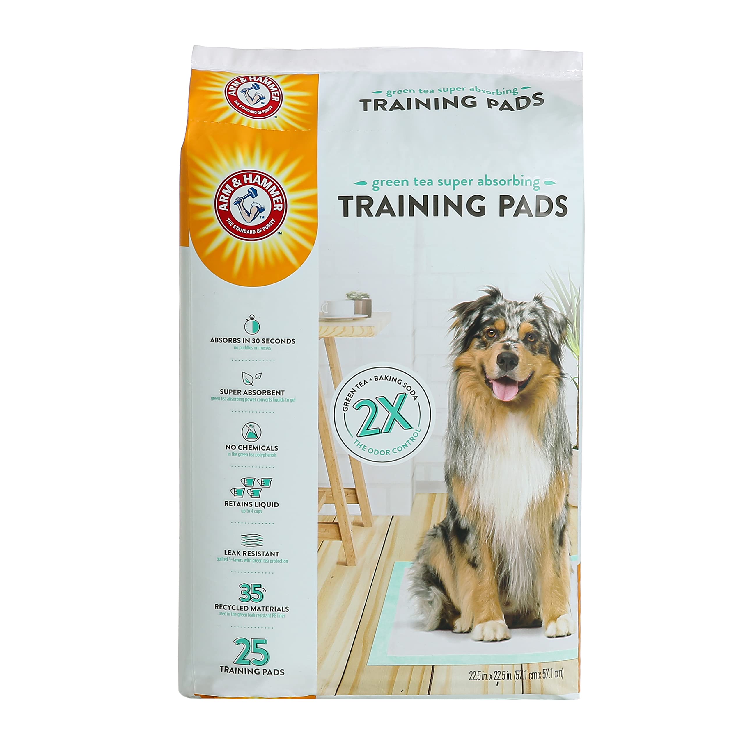 Arm & Hammer Green Tea Pet Trainingspads | 25-teiliges Hundetrainingspads mit super saugfähigem Grüntee-Backpulver für 2 x Geruchskontrolle, auslaufsichere und recycelte Trainingspads für Hunde