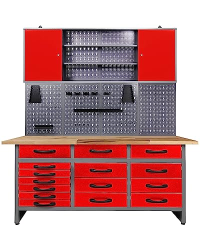 Ondis24 Werkstatteinrichtung 160cm, Werkstatt - Werkbank, Hängeschrank, Euro - Lochwand mit Haken (rot)