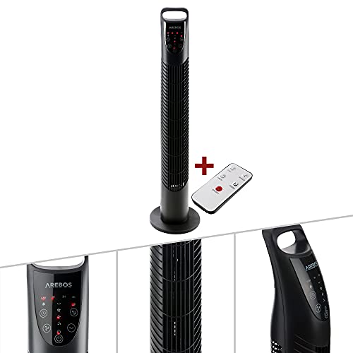 Arebos Turmventilator mit Fernbedienung & Timer | 40 Watt | 75°-Oszillation | Ventilator mit 3 Geschwindigkeitsstufen & Sleep-Modus | Schwarz